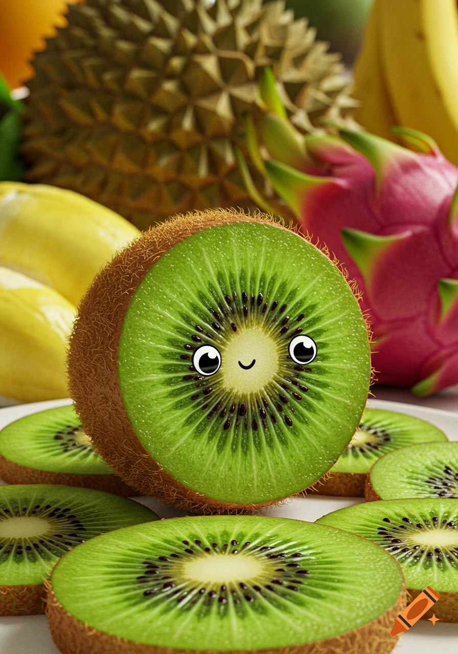 A smiling cartoon kiwi with googly eyes stands among sliced kiwis, with durian and dragon fruit blurred in the background, photorealistic style.