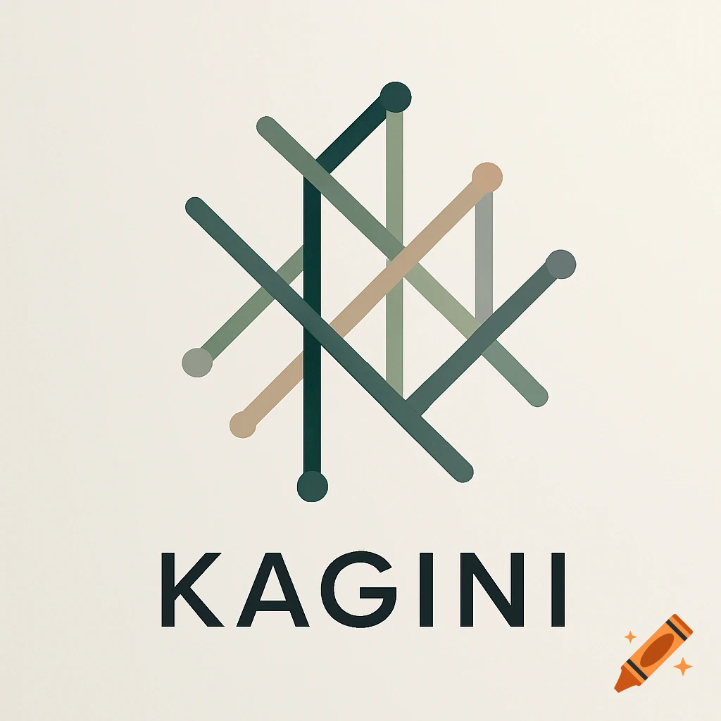 Abstract geometric logo with intersecting lines in green, taupe, and grey, above the word 'KAGINI' in a clean font.