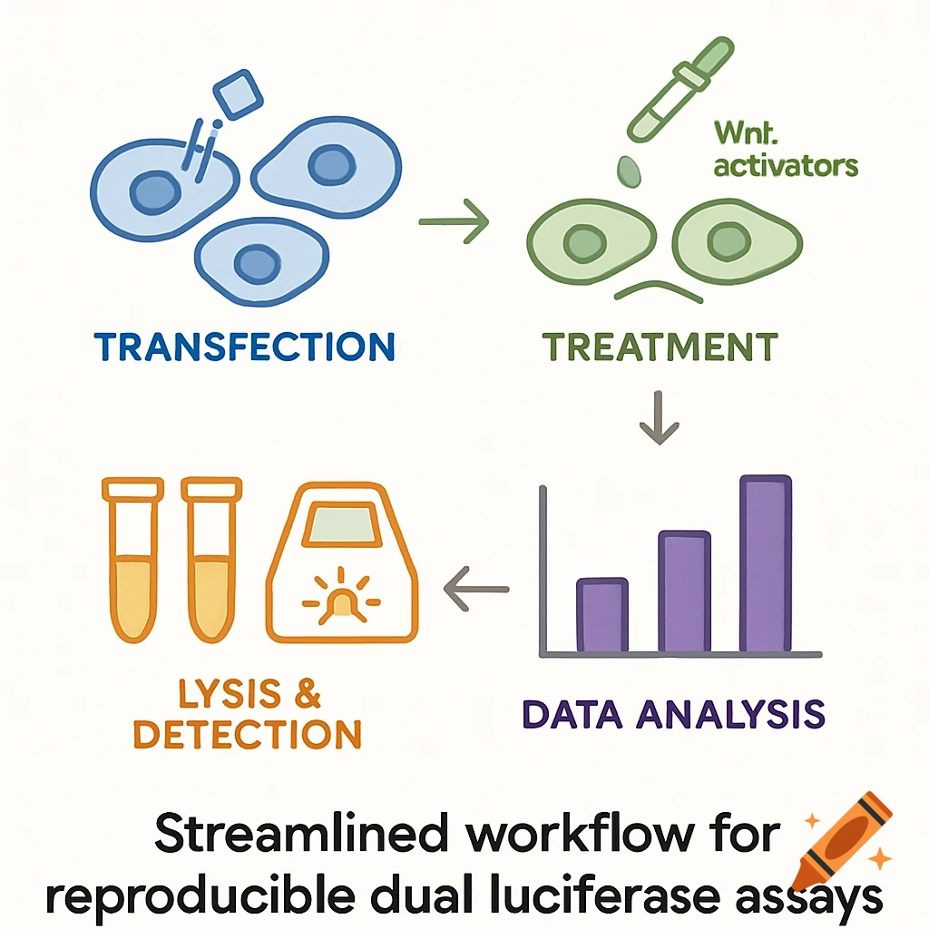 An infographic illustrating the streamlined workflow for reproducible dual luciferase assays, featuring four distinct steps.