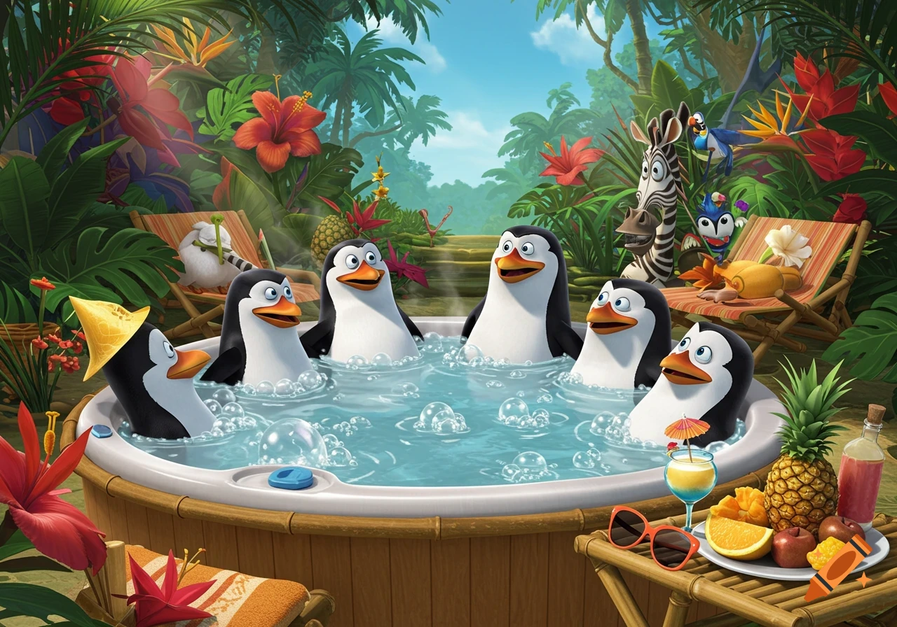 Cartoon penguins from Madagascar relaxing in a hot tub in a lush tropical jungle, with other characters nearby.