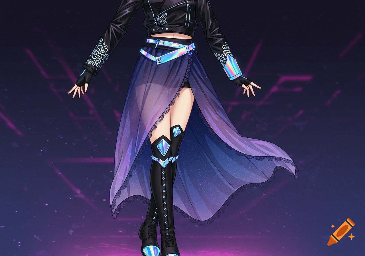 Anime character wearing a black jacket, iridescent belt, dark purple flowing skirt, and black boots with iridescent accents.