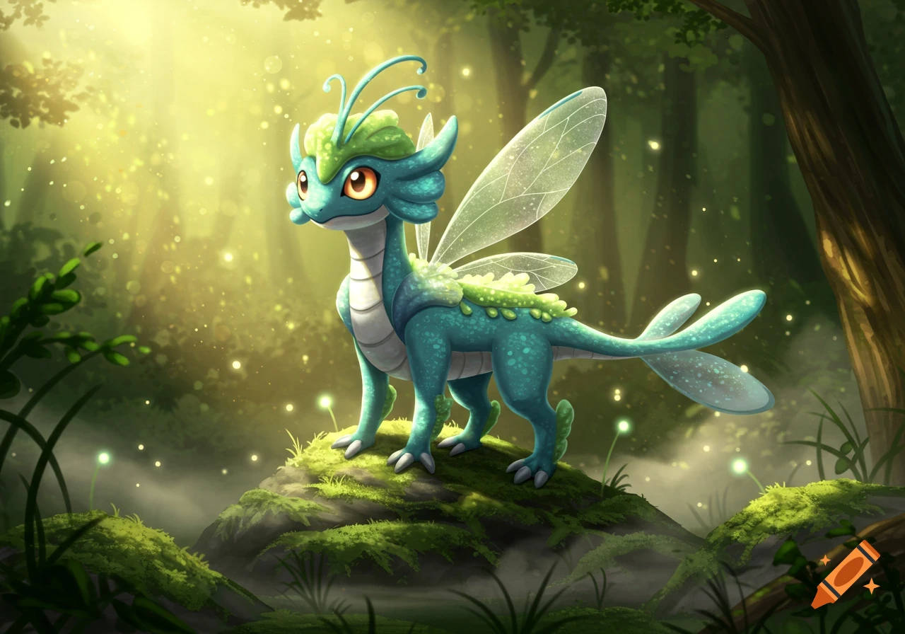 A cute, teal-colored, winged creature resembling a Pokémon, with green accents, stands on a mossy rock in a glowing forest.