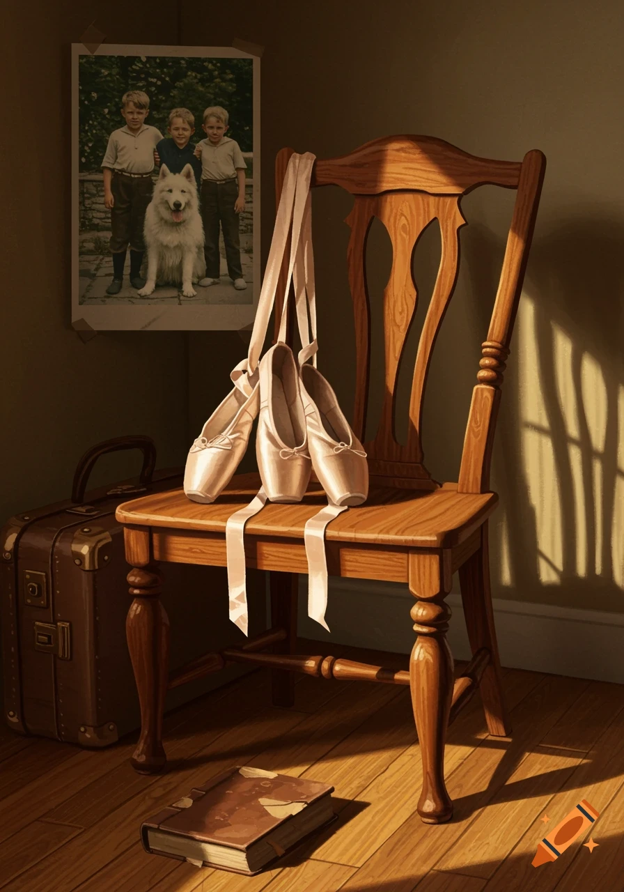 A still life with a wooden chair holding ballet shoes, a suitcase, a book, and a framed photo of three boys with a white dog.