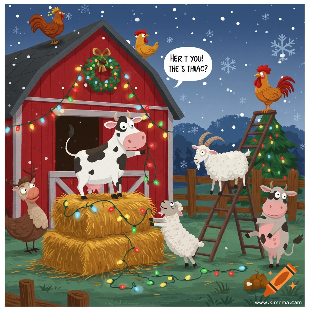 Cartoon farm animals decorate a red barn and a Christmas tree with festive lights on a snowy night.