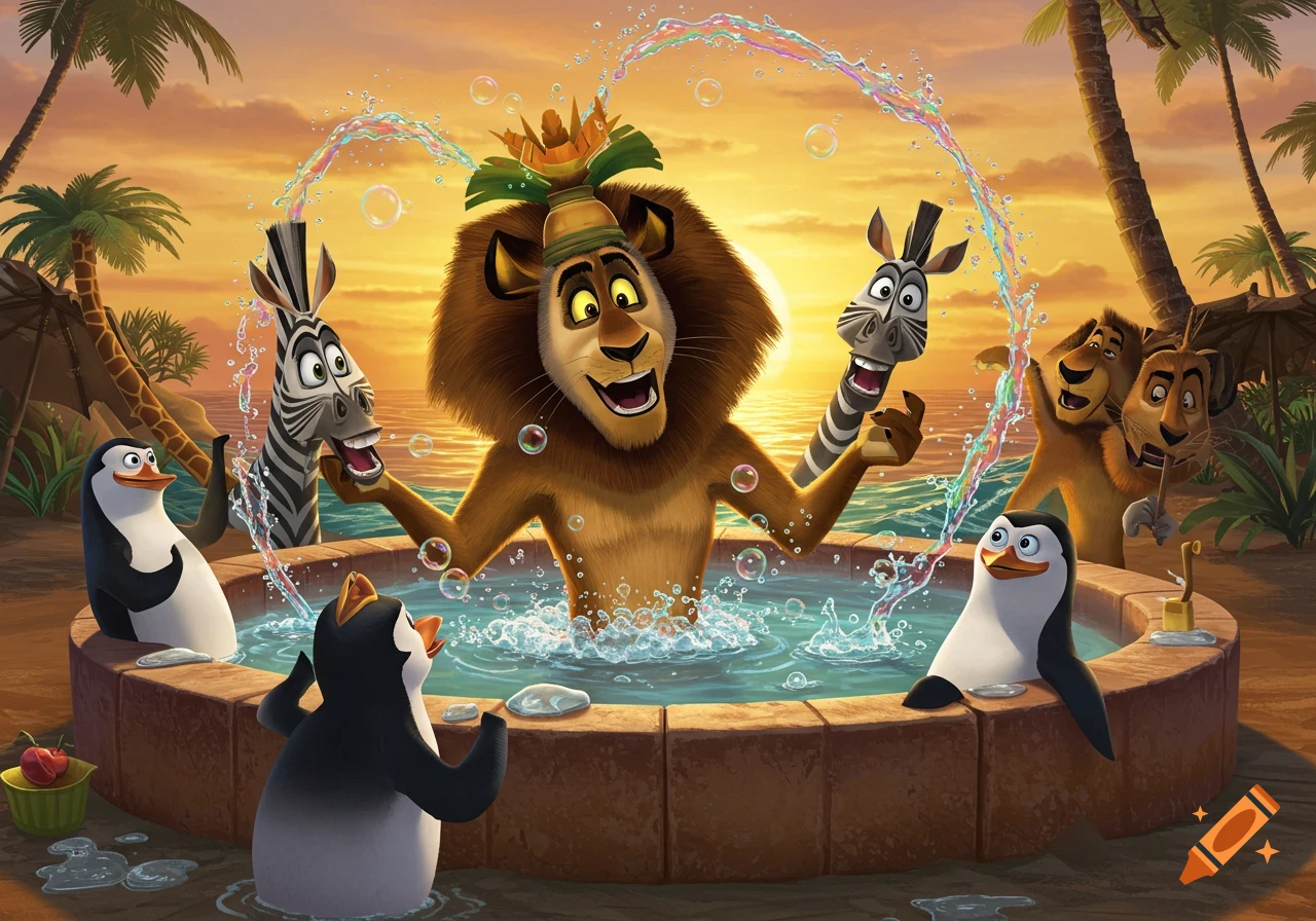 Alex the lion, Marty the zebra, and penguins in a hot tub at a tropical beach during sunset in a cartoon style.