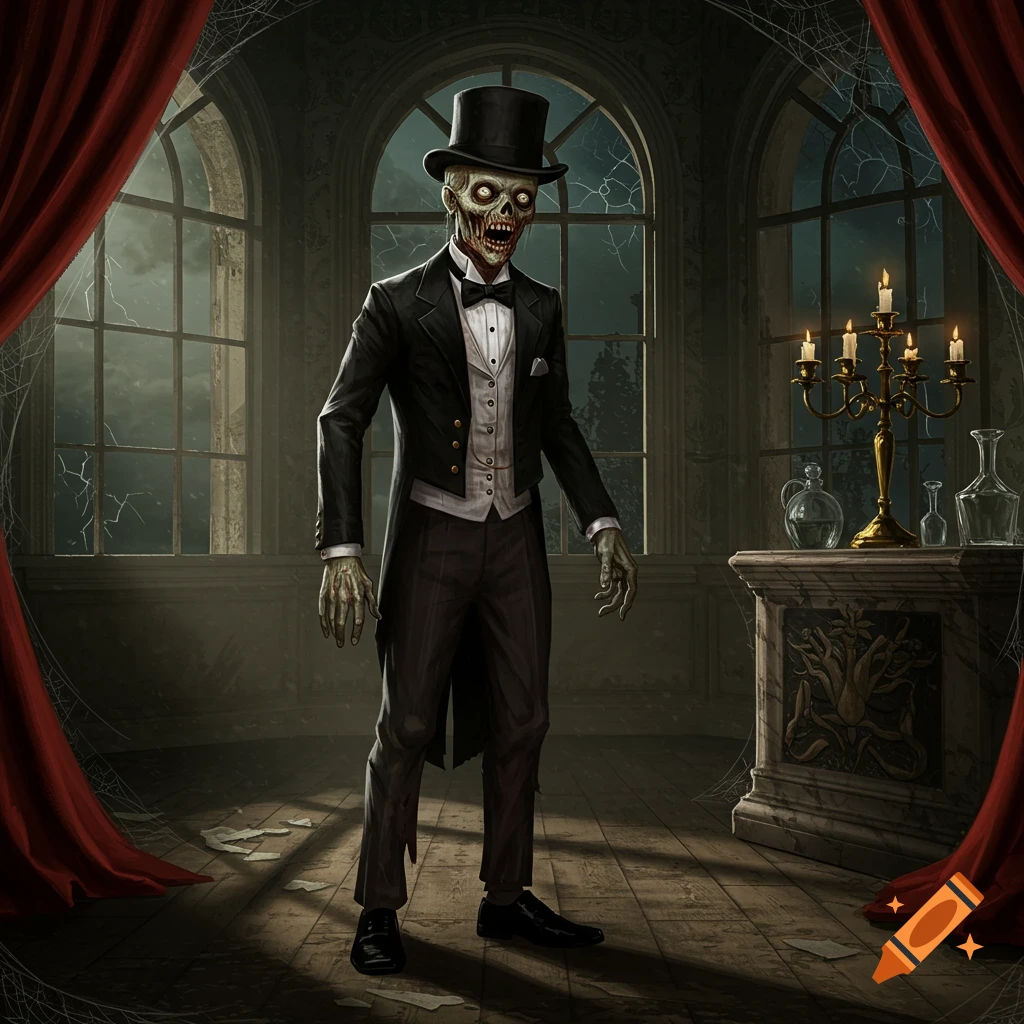 A dapper zombie in a tuxedo and top hat stands in a dilapidated gothic mansion with red curtains and candelabra.