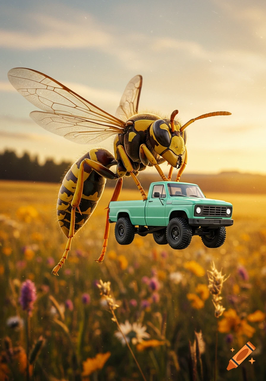 A giant wasp carries a mint green pickup truck over a field of wildflowers at sunset.