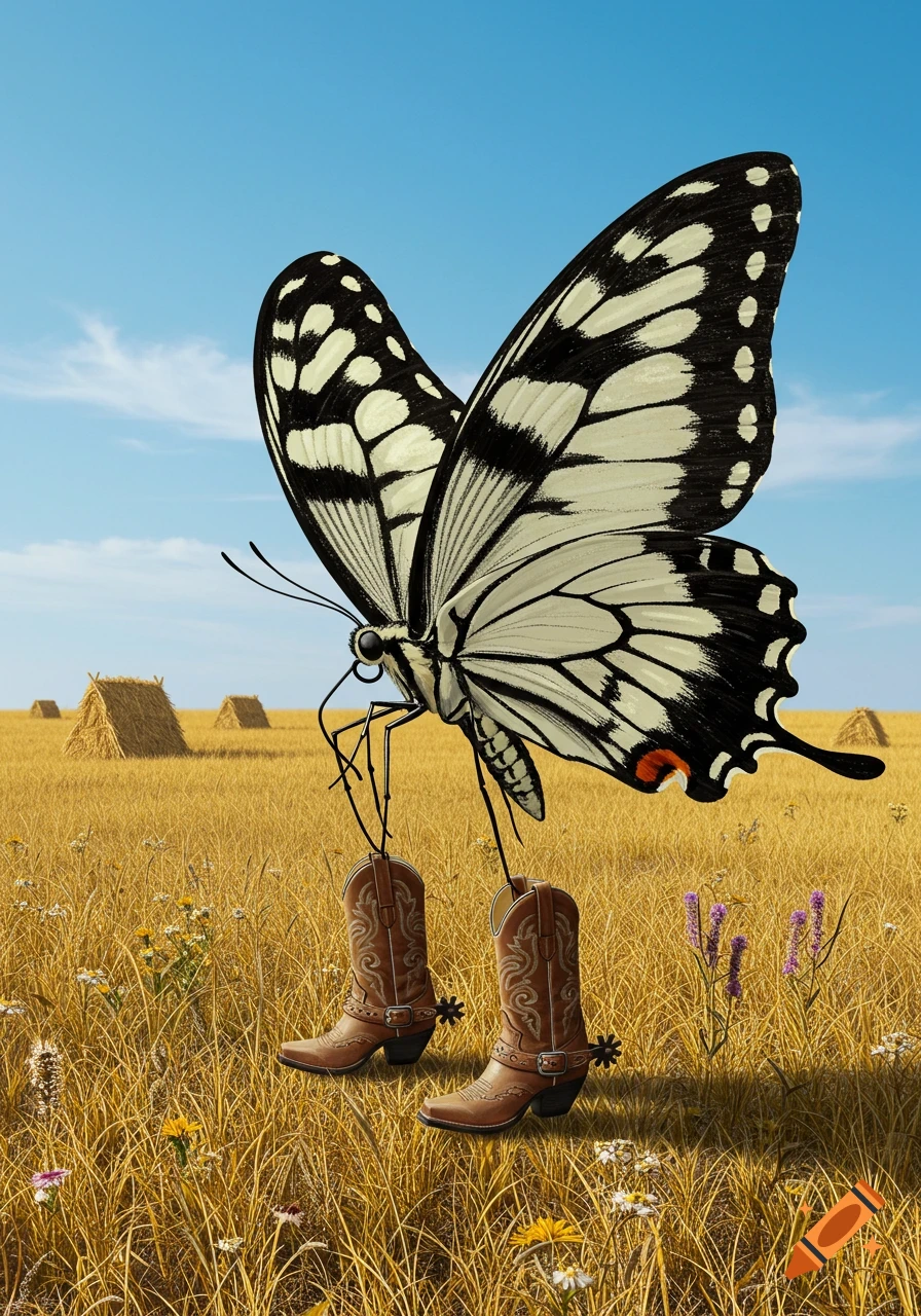 A black and white butterfly with brown cowboy boots and spurs stands in a golden field with hay bales under a blue sky.