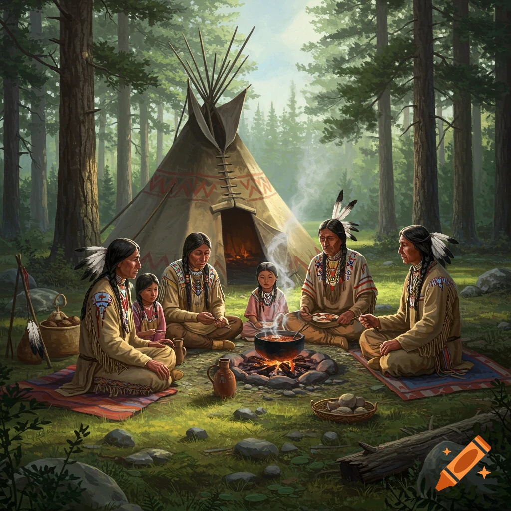 Traditional Native American family eating a meal around a campfire in front of a tepee in a forest, detailed illustration.