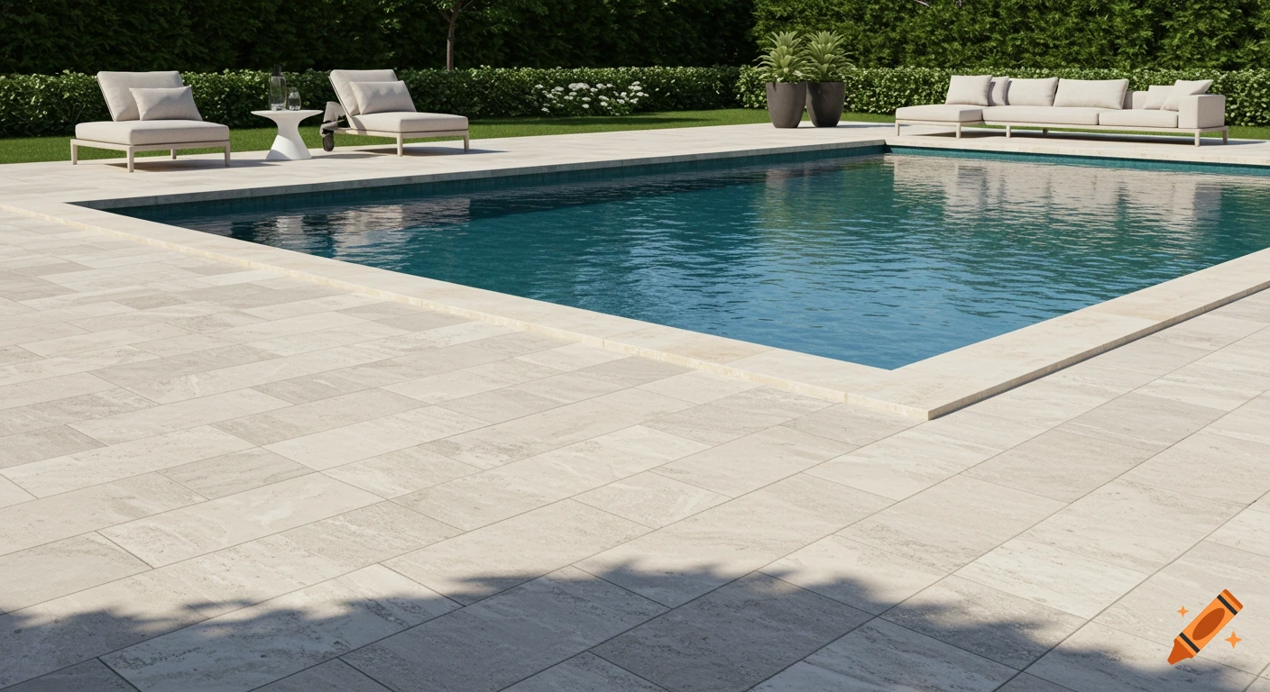 Photorealistic image of a modern outdoor swimming pool with light-colored travertine coping and deck, minimalist lounge chairs, and a sofa amidst green landscaping.