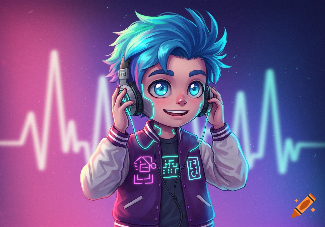 A smiling cartoon boy with bright blue hair and glowing blue eyes holds headphones, with neon sound waves in the background.