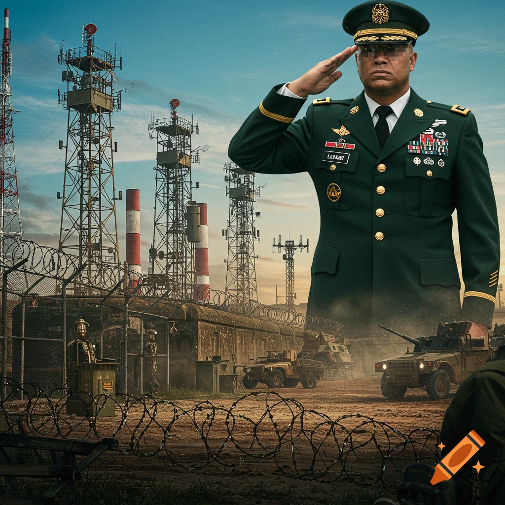 A military general salutes in front of a sprawling industrial complex with communication towers, barbed wire, and military vehicles under a clear sky.