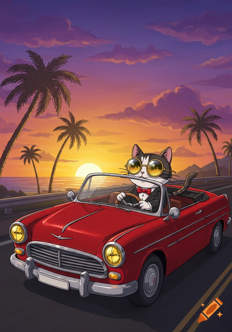 A cartoon cat in sunglasses and a tuxedo drives a red convertible along a coastal road at sunset, with palm trees.