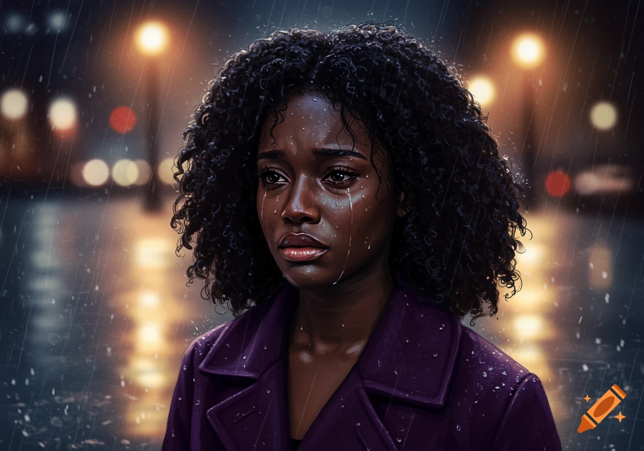 Digital painting of a sad Black woman with curly hair, crying in the rain at night, illuminated by city lights.