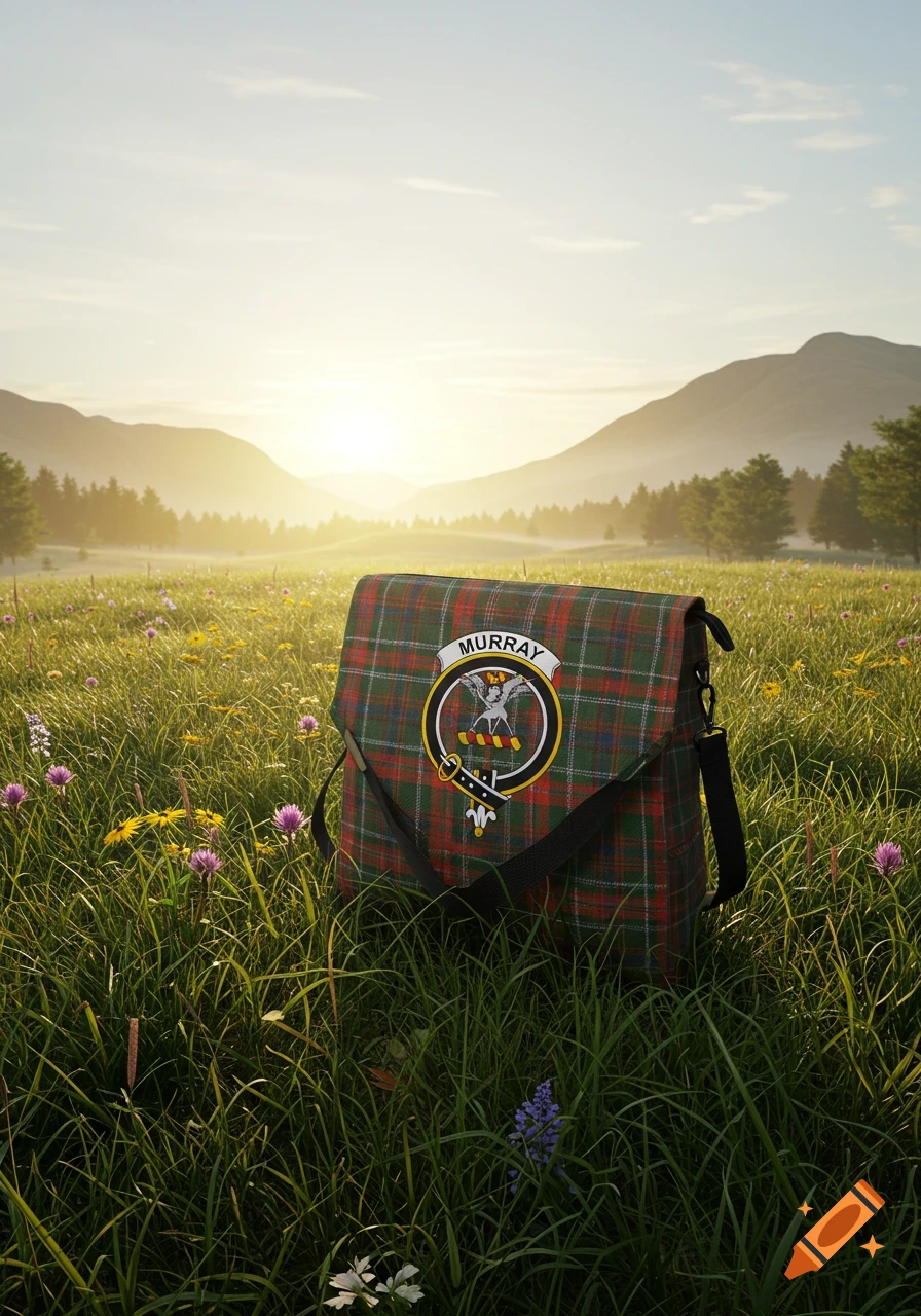 A tartan messenger bag with a Murray Clan crest sits in a lush green field with wildflowers under a golden sunrise in a mountainous landscape.