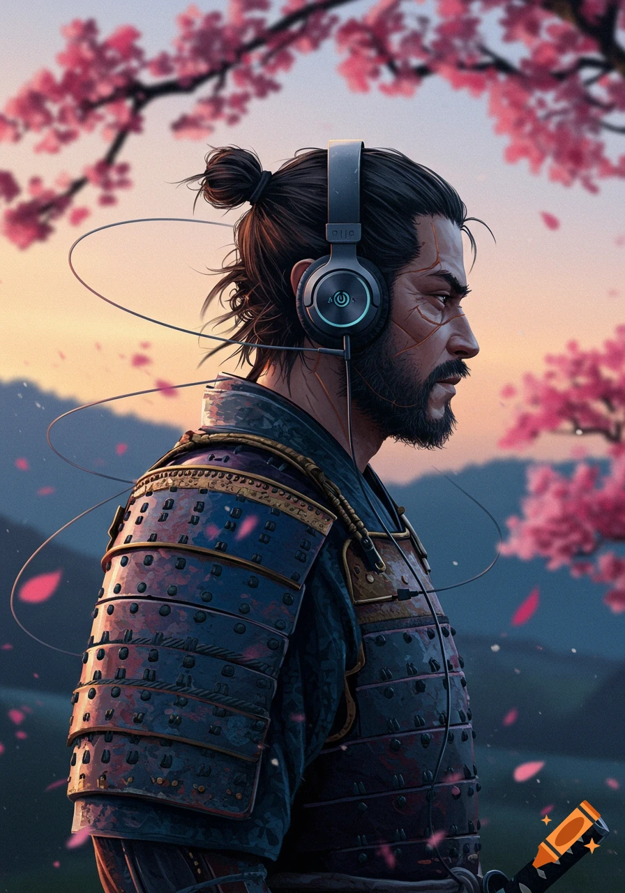 A side profile of a samurai warrior wearing modern headphones, with cherry blossoms in the background. The art style is detailed and illustrative.