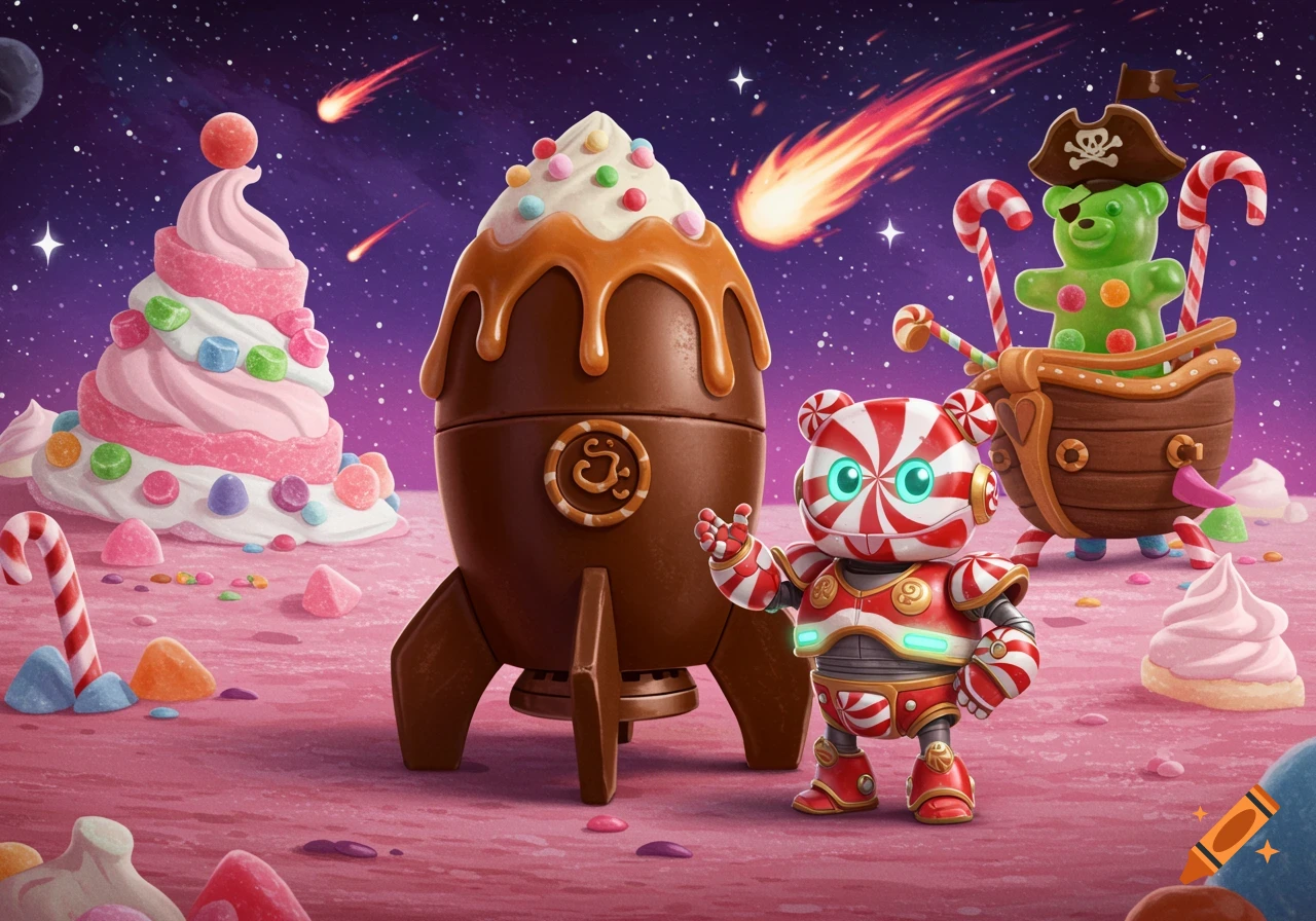 A whimsical peppermint robot stands next to a chocolate rocket on a pink candy planet, with a gummy bear pirate in a candy ship under a star-filled sky.