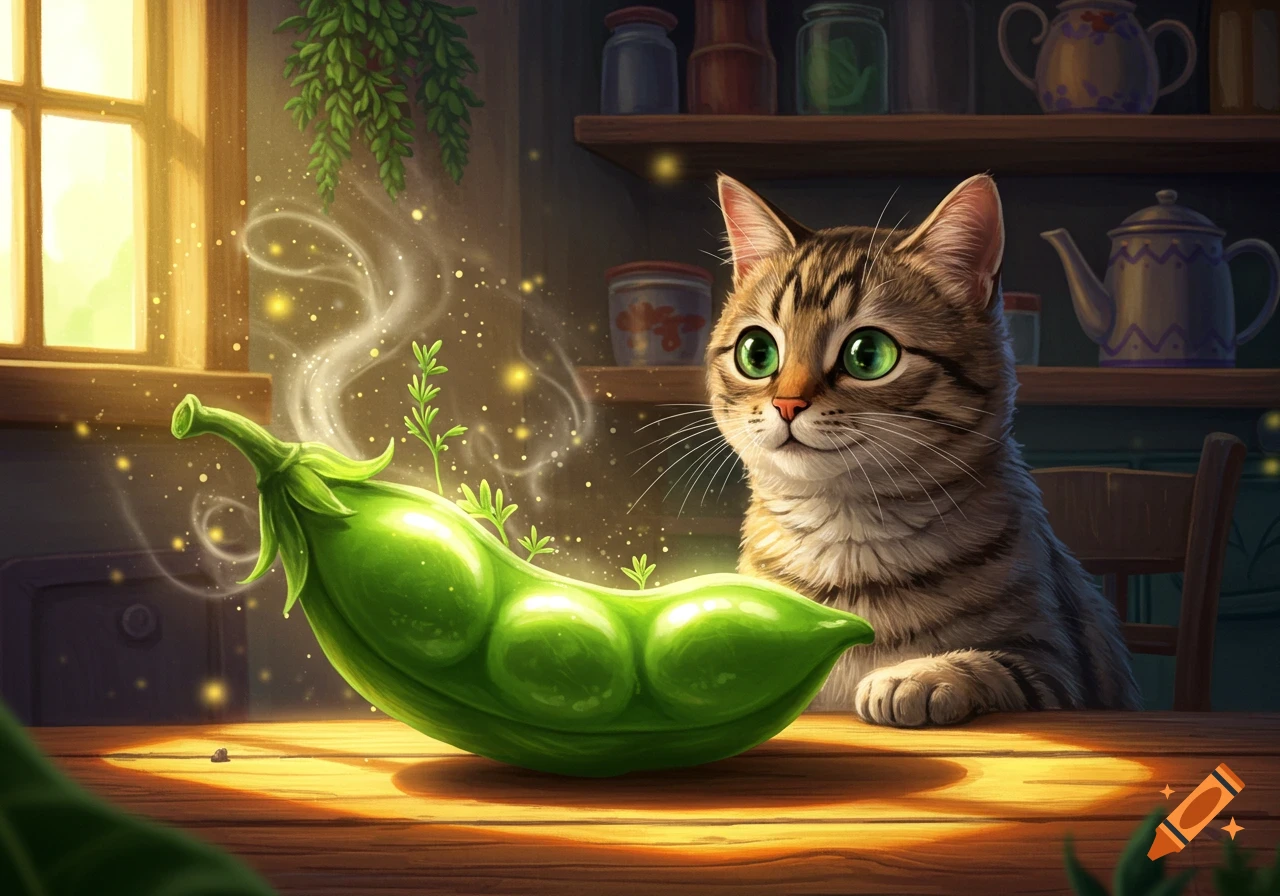A cute tabby cat with green eyes looks intently at a glowing, magical giant pea pod on a wooden table.