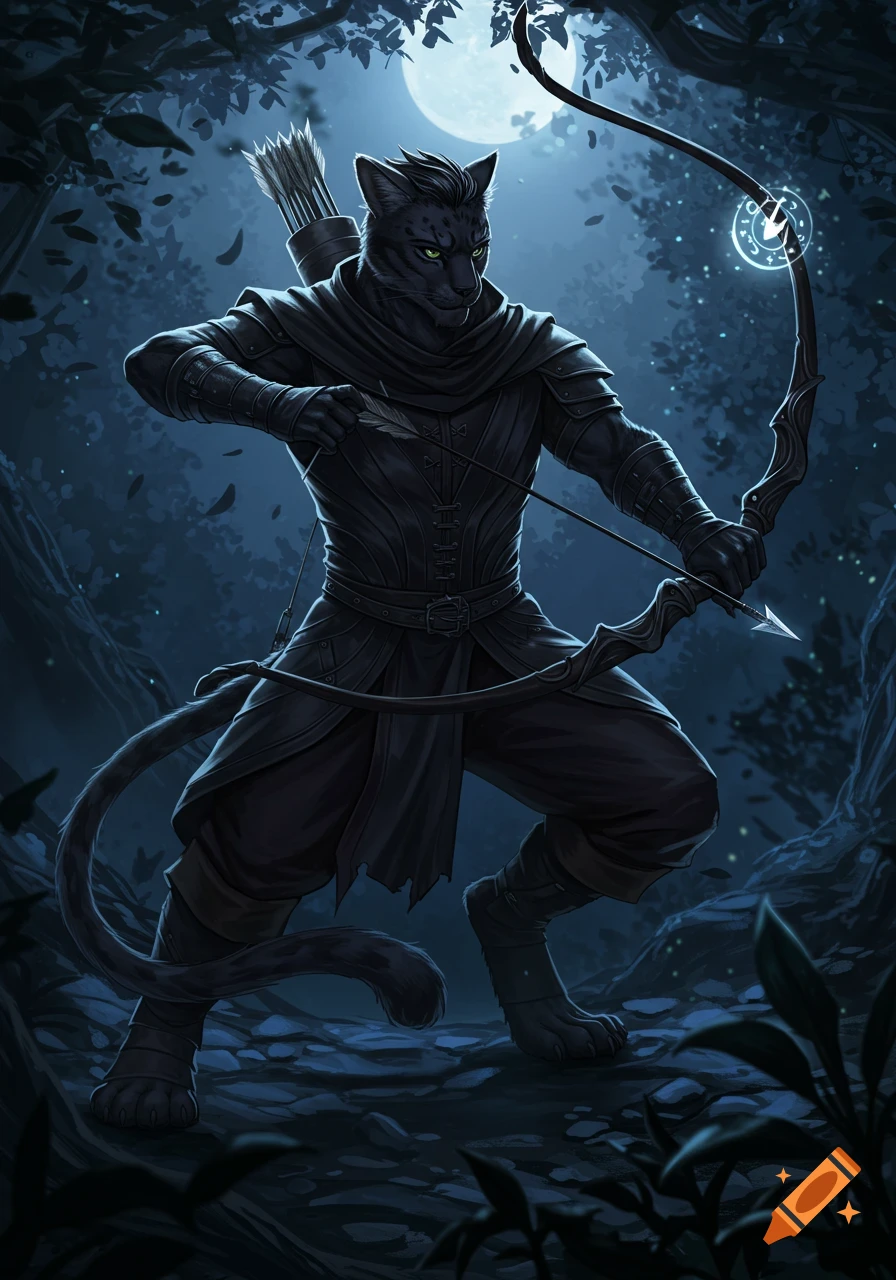 A black-furred male Tabaxi arcane archer aims a glowing bow in a moonlit fantasy forest, anime style.