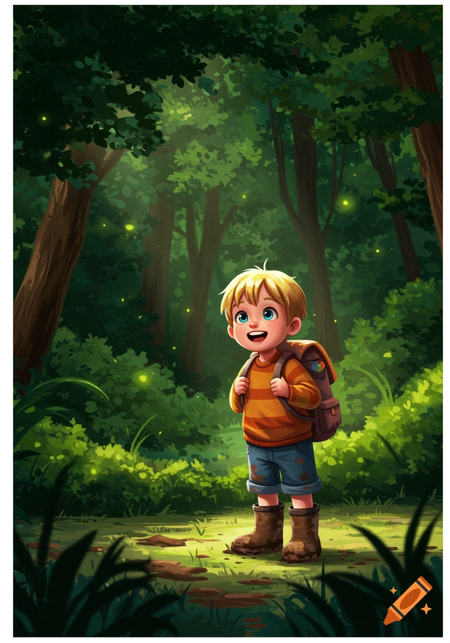 A happy cartoon boy with blonde hair and blue eyes, wearing an orange striped shirt, shorts, and boots, stands in a lush green forest with fireflies.