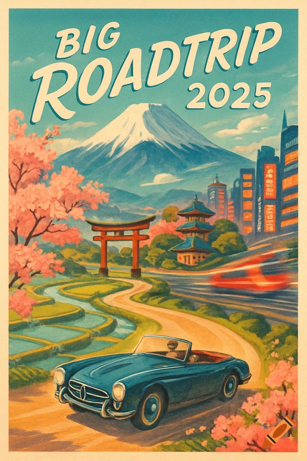 Vintage illustration of a blue convertible on a road in Japan, with Mount Fuji, cherry blossoms, a torii gate, and a city skyline.