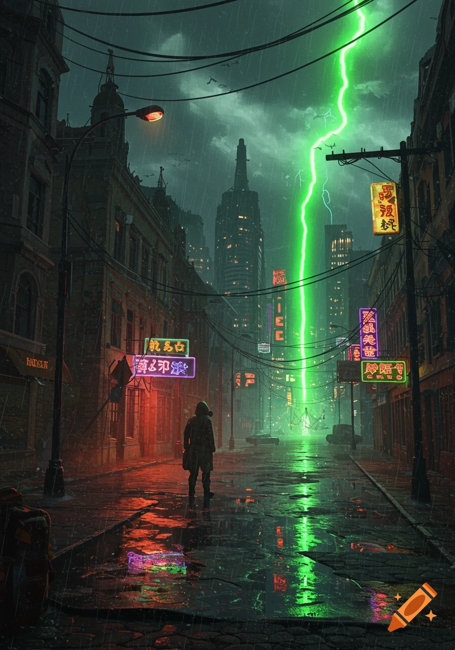 A lone figure in a dark, rainy cyberpunk city street with neon signs and a huge green lightning bolt striking in the distance.