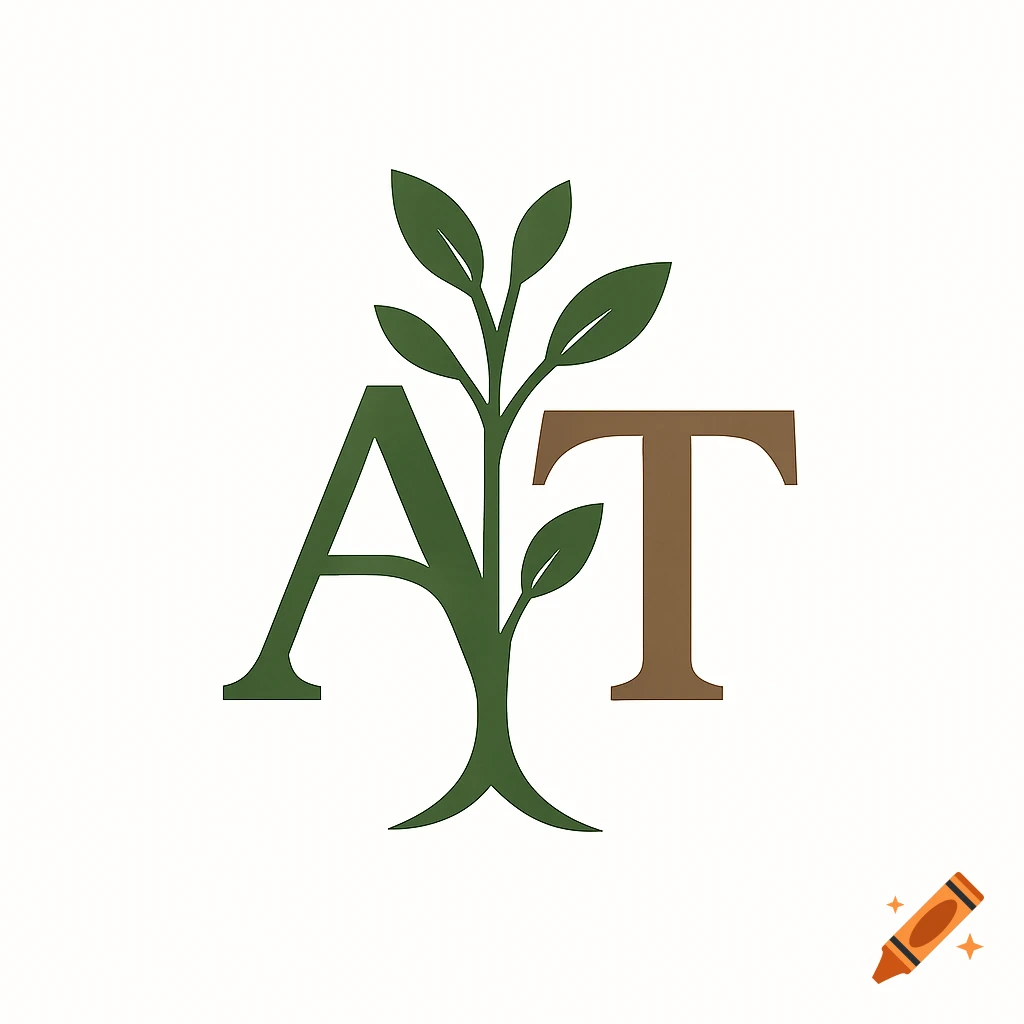 A modern logo with green 'A' and brown 'T' intertwined with a green plant stem and leaves.