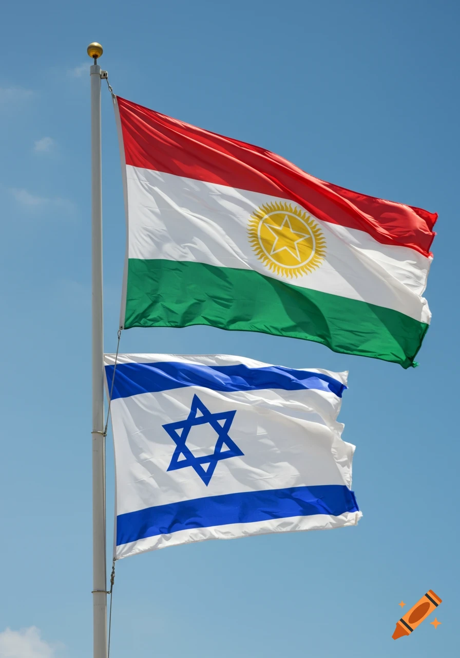 The flag of Kurdistan flies above the flag of Israel on a single flagpole against a clear blue sky.