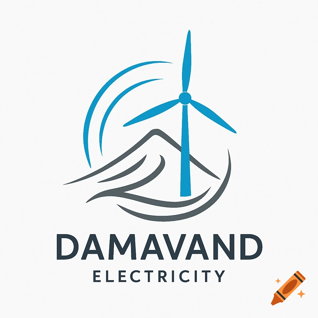 Minimalist logo for Damavand Electricity, featuring a blue wind turbine and grey mountains with wavy lines.