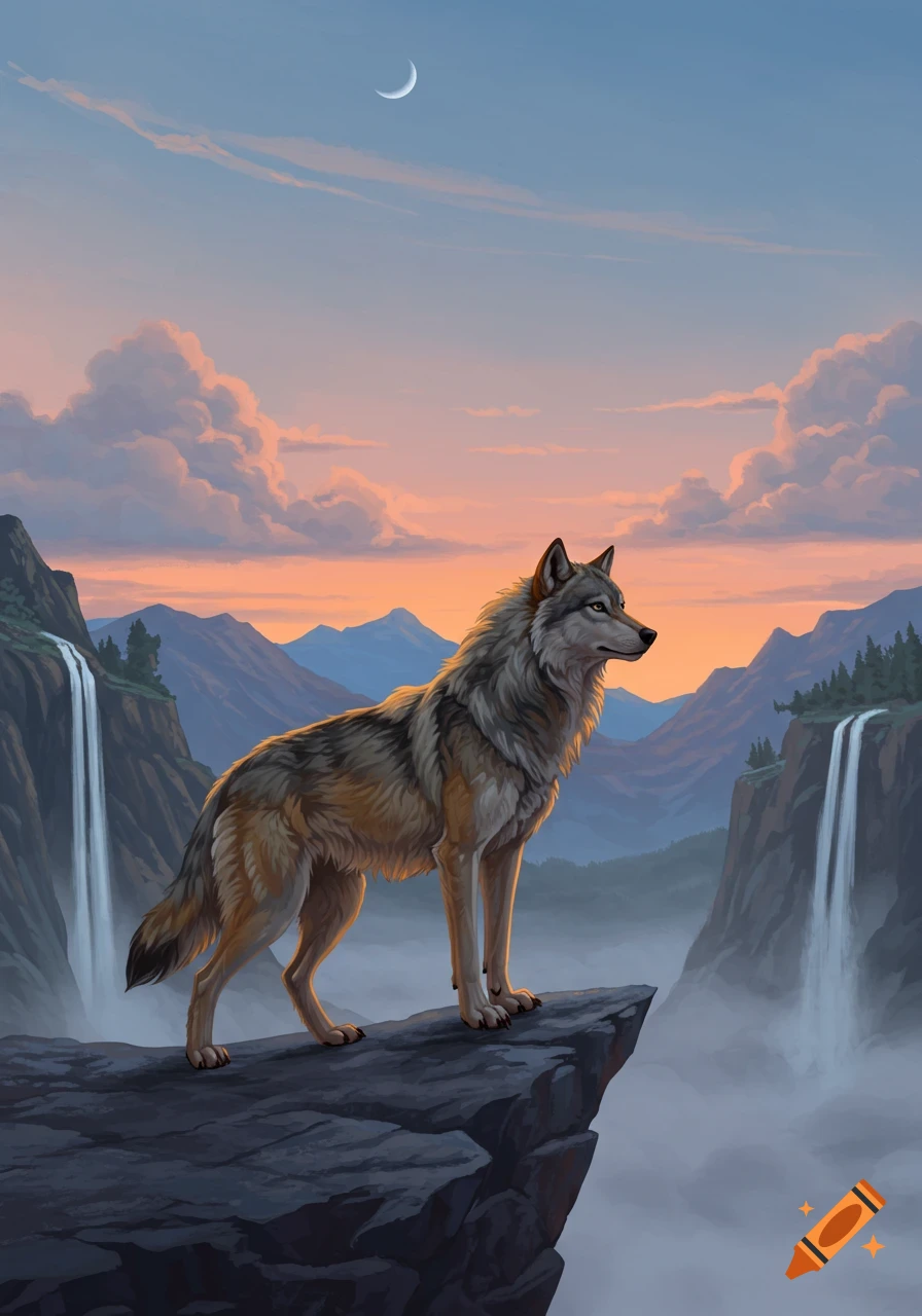 A majestic wolf stands on a cliff overlooking a misty valley with waterfalls, mountains, and a crescent moon in a vibrant sunset sky.