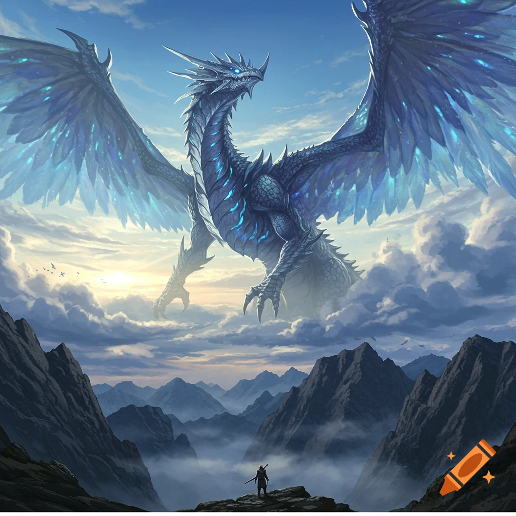 A majestic blue and white dragon with glowing accents soars above a mountain range, a small figure stands below.