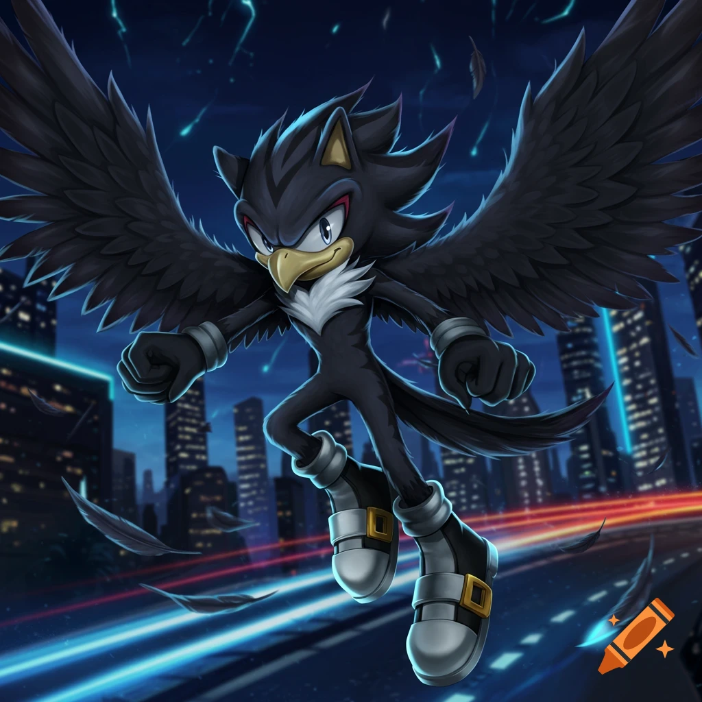 A stylized black hawk-like Sonic character with large wings flies over a neon-lit city street at night, feathers falling.