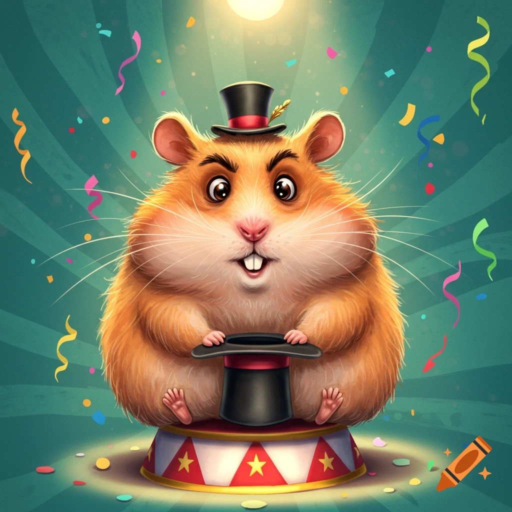A cute, fluffy orange cartoon hamster magician wearing a tiny top hat, sitting on a circus pedestal with confetti.