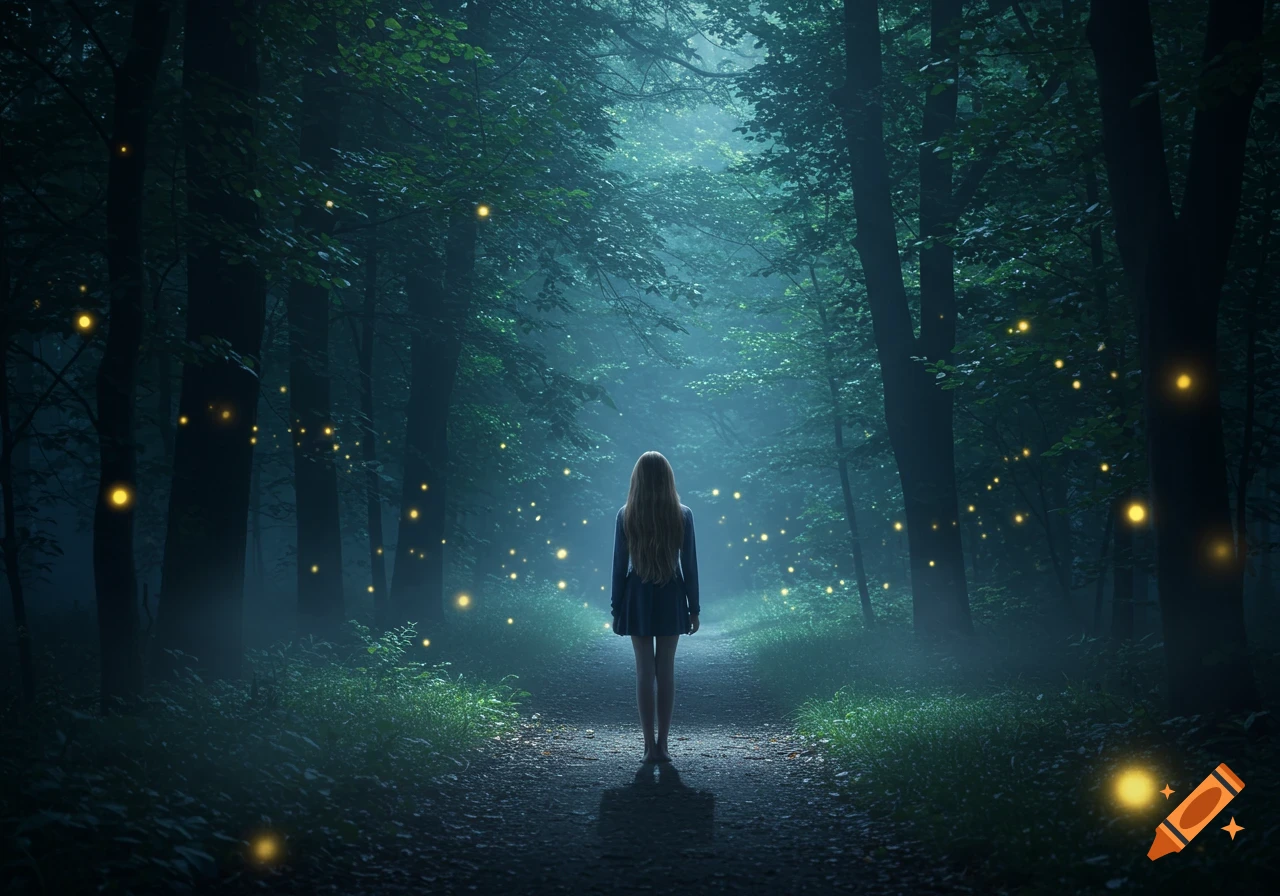 A lone girl with long hair stands on a path in a mystical, misty forest at night, surrounded by glowing fireflies, in a cinematic fantasy style.