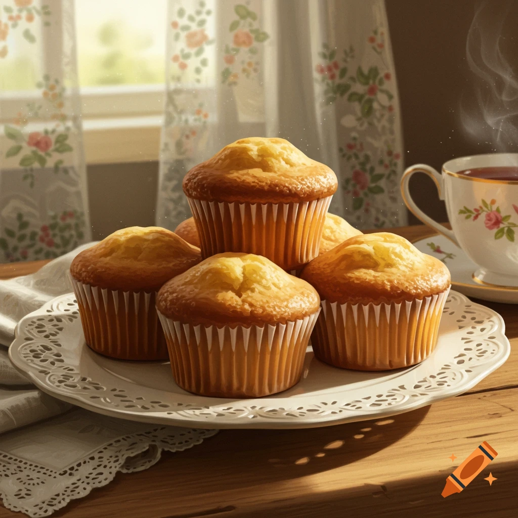 A plate of golden-baked plain muffins and a steaming cup of tea on a wooden table with floral curtains in the background.