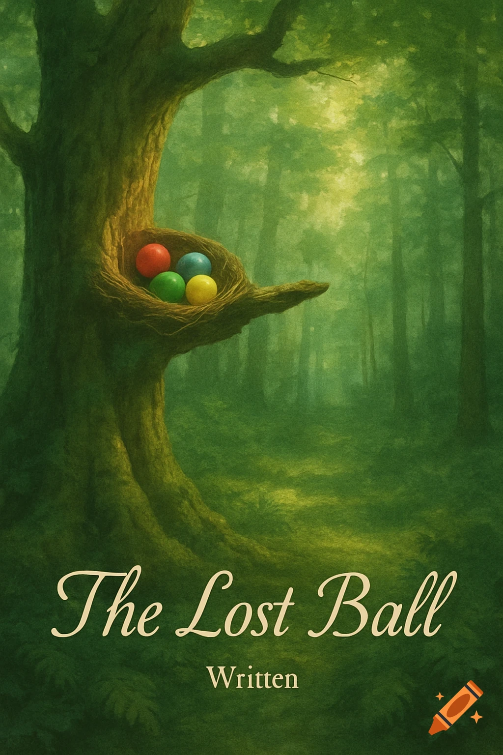 A dreamy forest scene with a large tree on the left, holding a nest with colorful balls. The title 'The Lost Ball' and 'Written' are at the bottom.