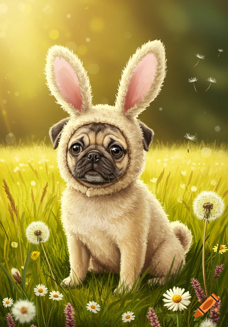 A cute fawn pug dog wearing a fluffy beige bunny costume with long pink ears, sitting in a sunny field of green grass and flowers.