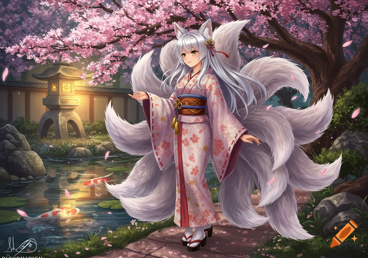 Anime fox girl with white hair and nine fluffy tails, wearing a pink floral kimono, in a cherry blossom garden with a koi pond and stone lantern.