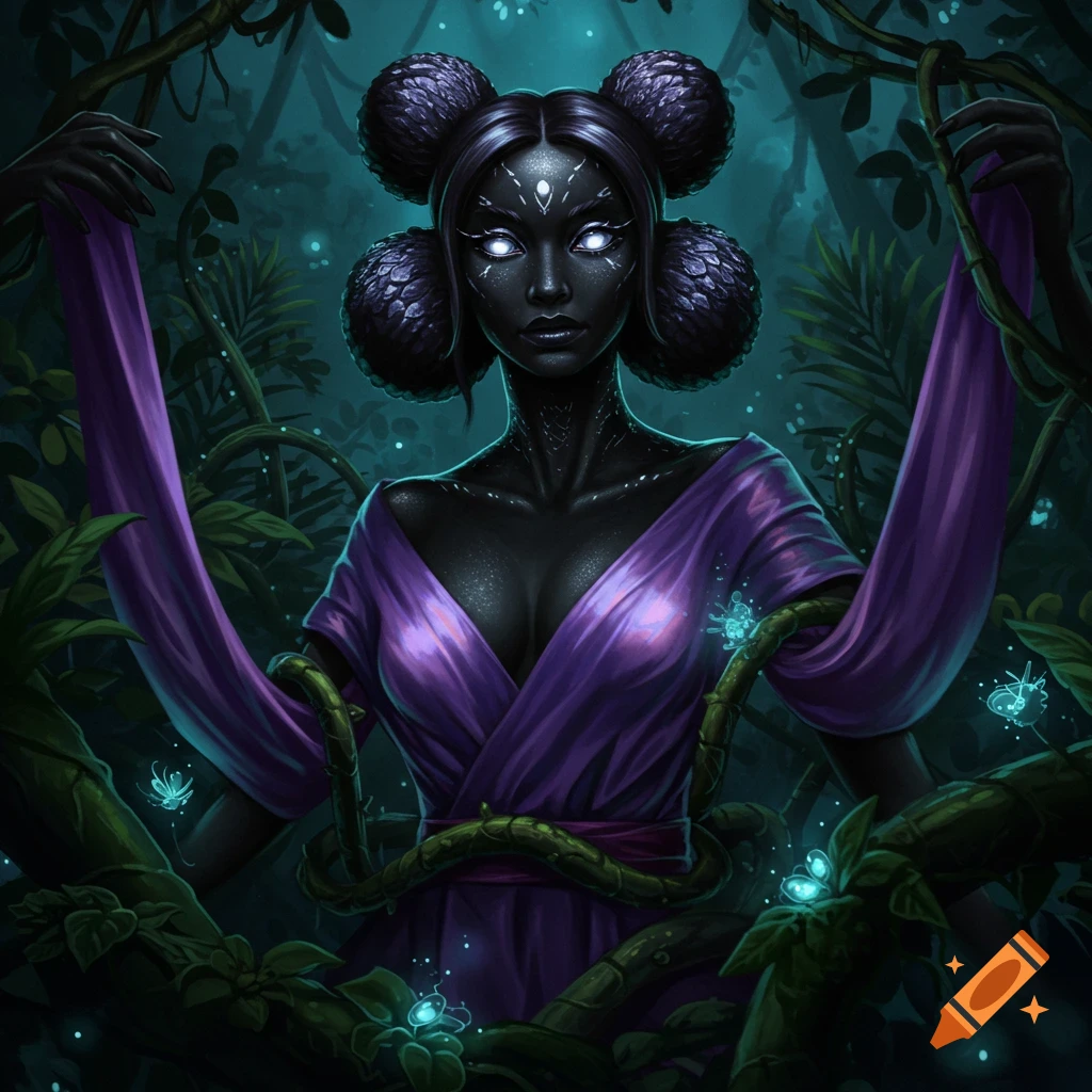 Fantasy portrait of a dark-skinned woman with glowing eyes and facial markings, wearing purple in a lush, glowing jungle.