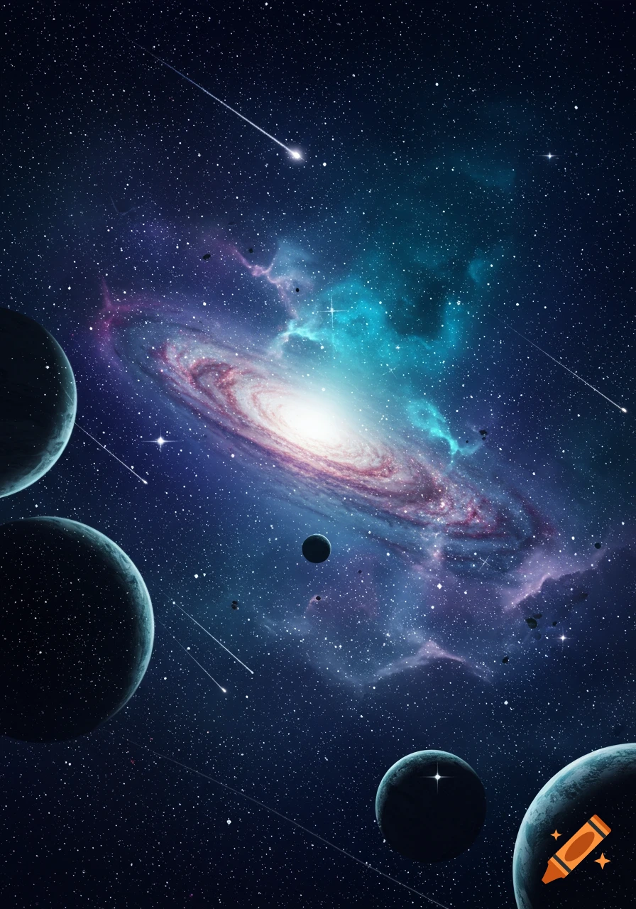 Vibrant galaxy with swirling purple and blue nebulae, planets, and shooting stars in a stylized cosmic scene.