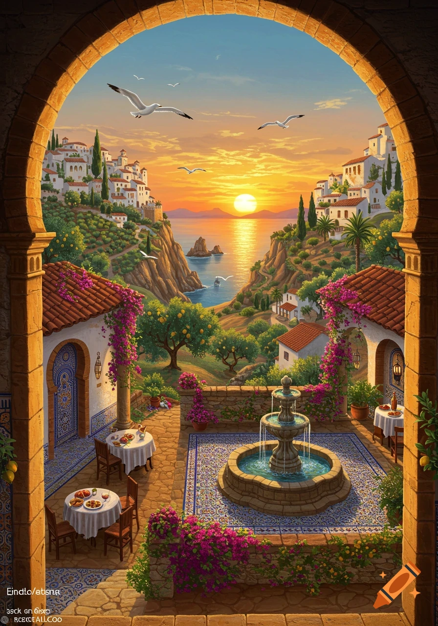 A detailed painting of a Mediterranean courtyard with a fountain, overlooking a village and a sunset over the sea.