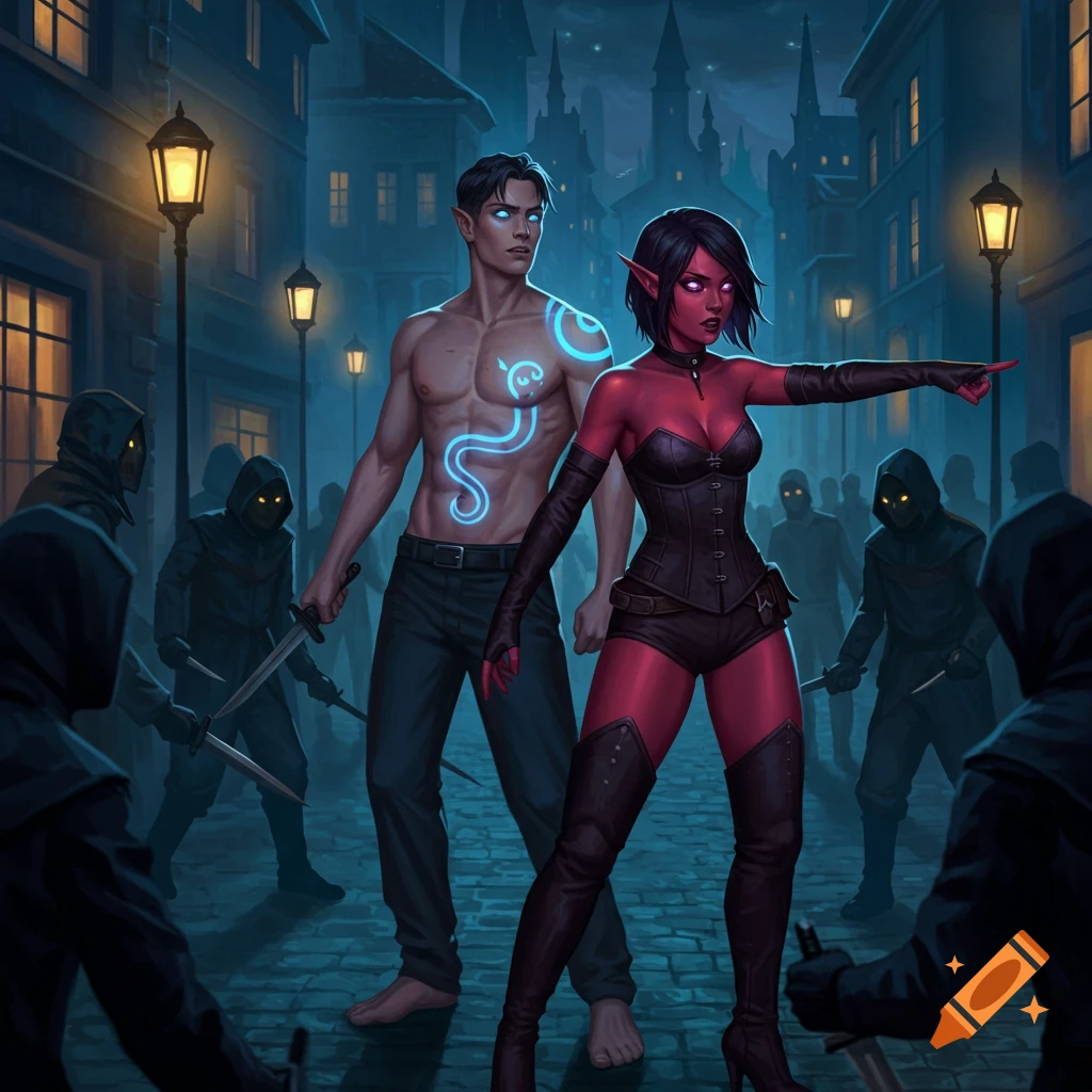 A red-skinned elf woman warns a shirtless man with glowing tattoos about hooded attackers with knives in a dark fantasy city street.