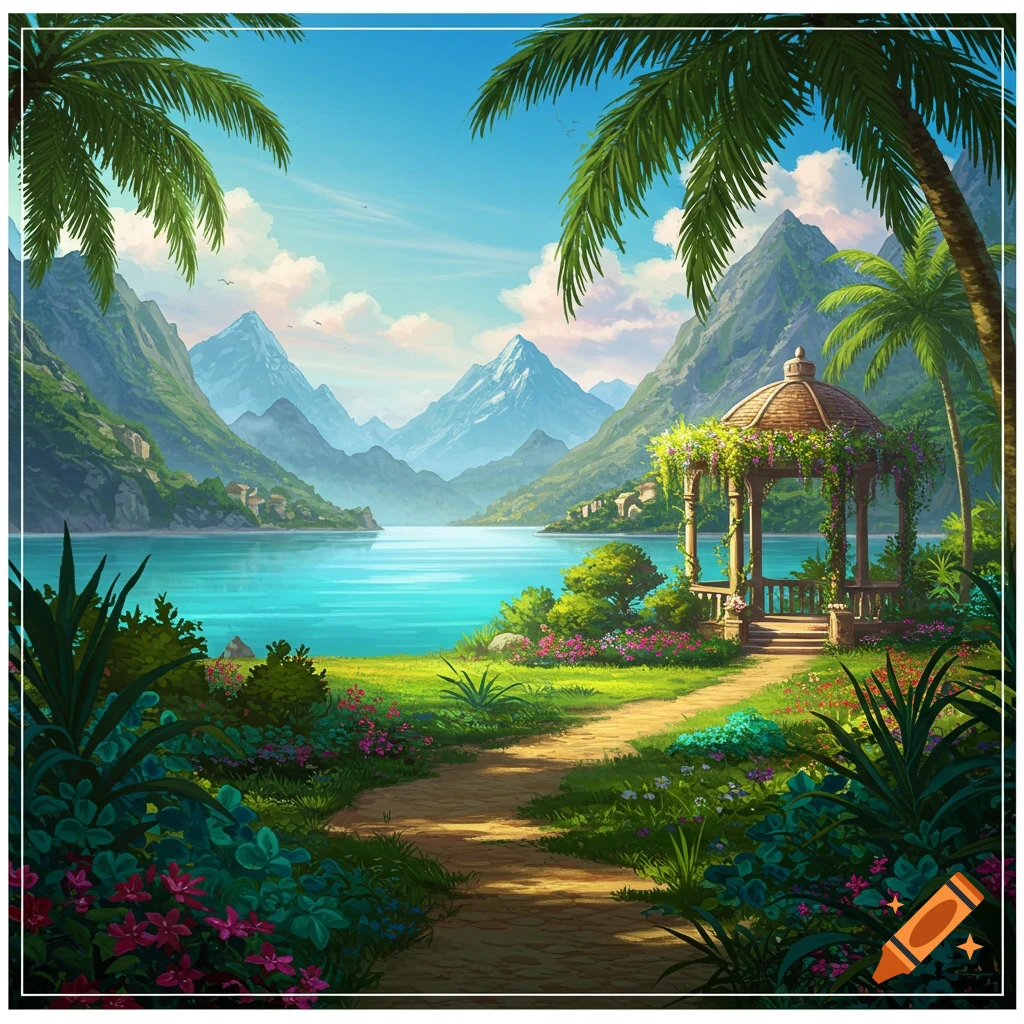 Vibrant illustrative landscape of a serene blue lake surrounded by lush mountains, a winding path, and a gazebo, framed by palm trees.
