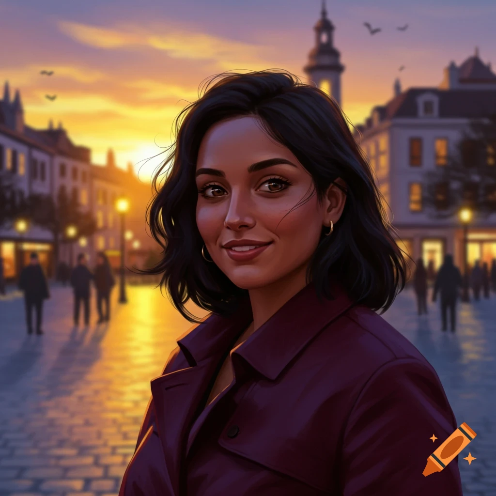 Stylized portrait of a smiling woman with dark hair in a coat, on an urban street at sunset.