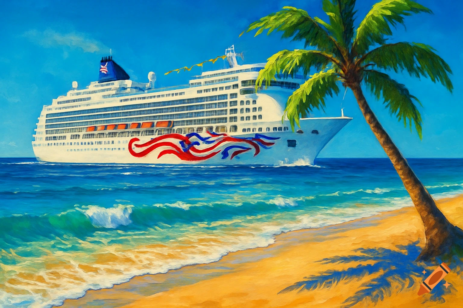 Painterly view of a large white cruise ship with red and blue designs sailing past a tropical beach with a leaning palm tree.