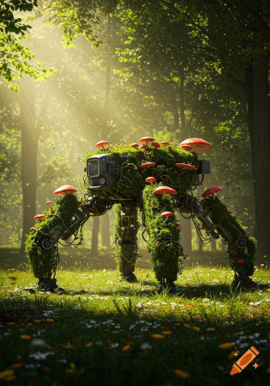 A photorealistic image of a four-legged robot covered in moss, vines, and red mushrooms, standing in a sunlit forest.