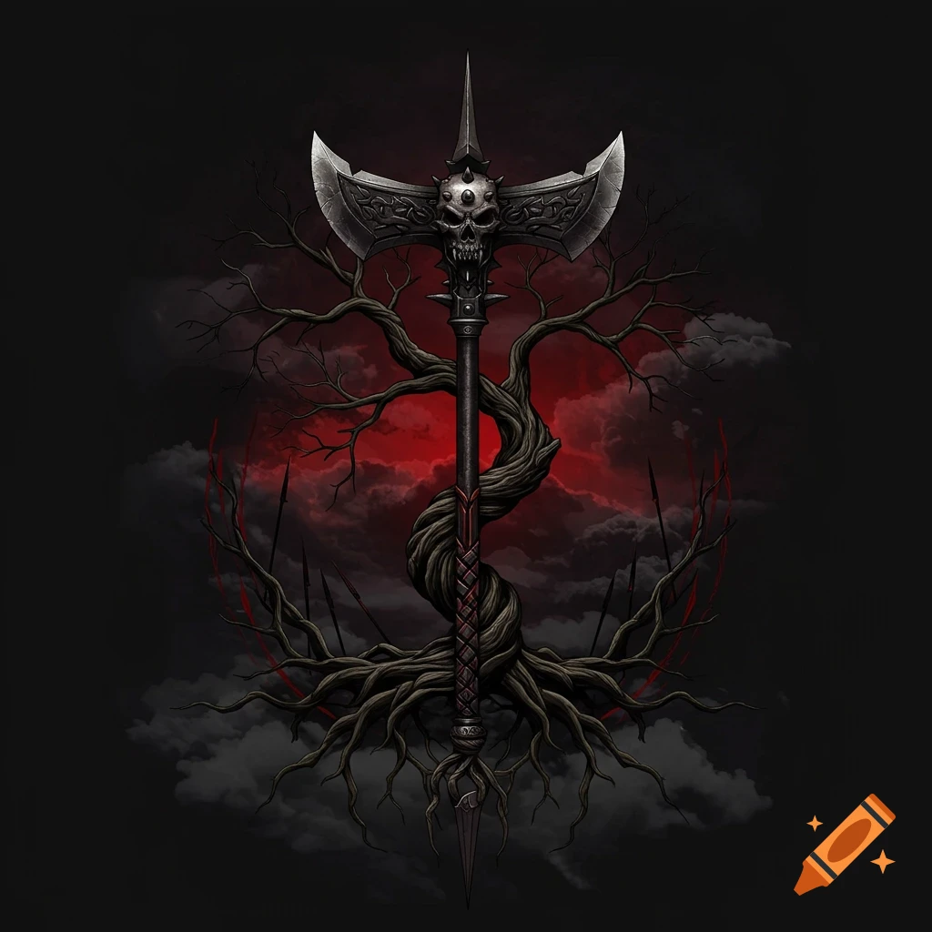A stylized, dark crest featuring a double-bladed axe with a skull hilt, entwined by a gnarled, rooted tree against a red and black sky.