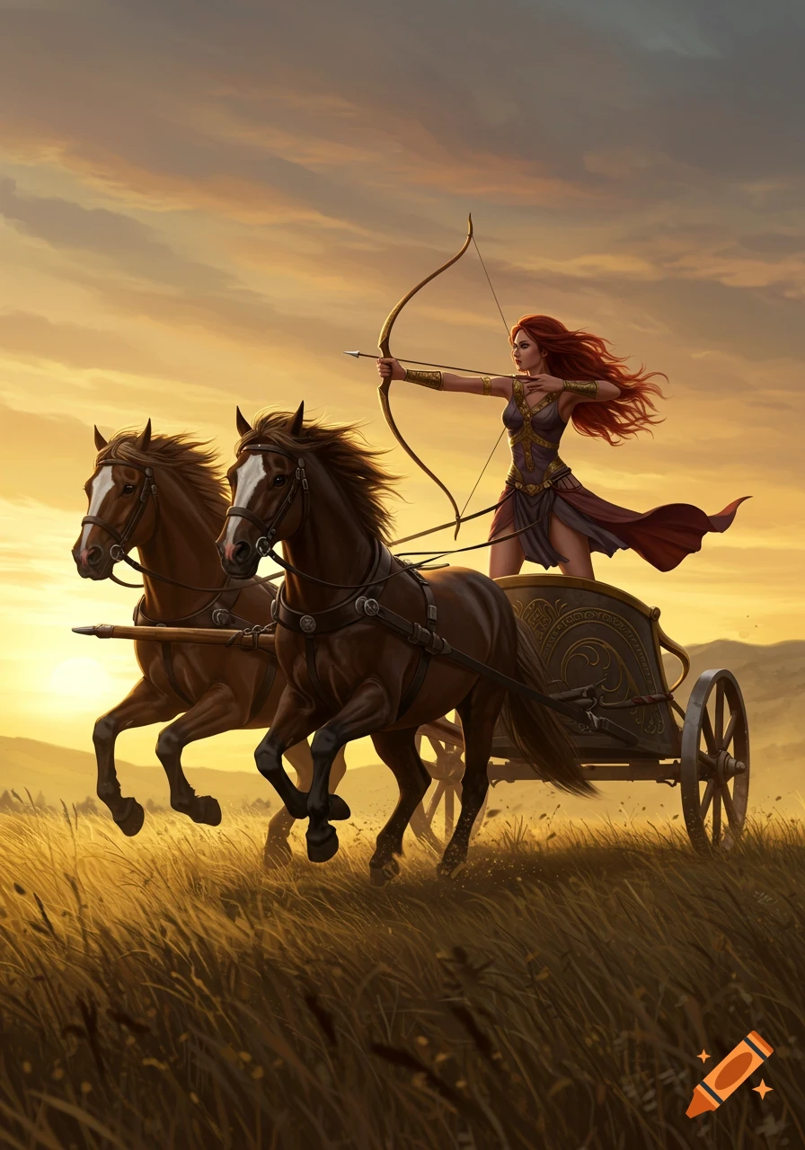 Red-haired female warrior on a chariot pulled by two horses, firing an arrow across a golden field at sunset.