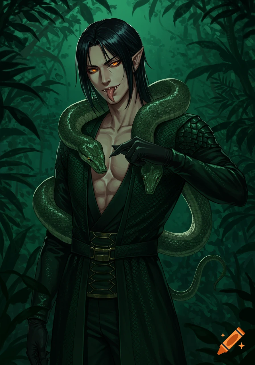 Anime man with dark hair, orange eyes, forked tongue, and elf ears, in an open green robe with a boa constrictor, in a dark jungle.