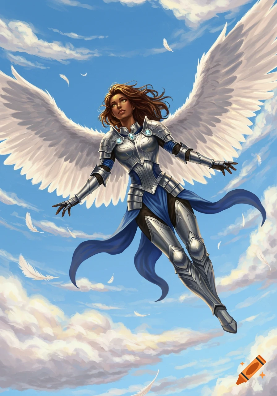 A female half-elf paladin with brown hair and golden eyes, wearing silver and blue armor, flies with white wings through a cloudy blue sky.
